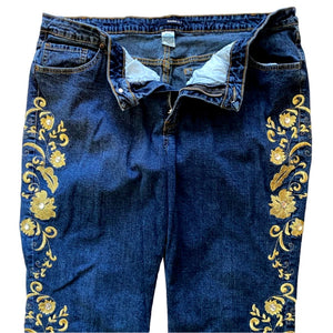 Denim 24/7 Dark Wash Blue Jeans Sz 22WP Short High Rise Mom Gold Embroidery EUC