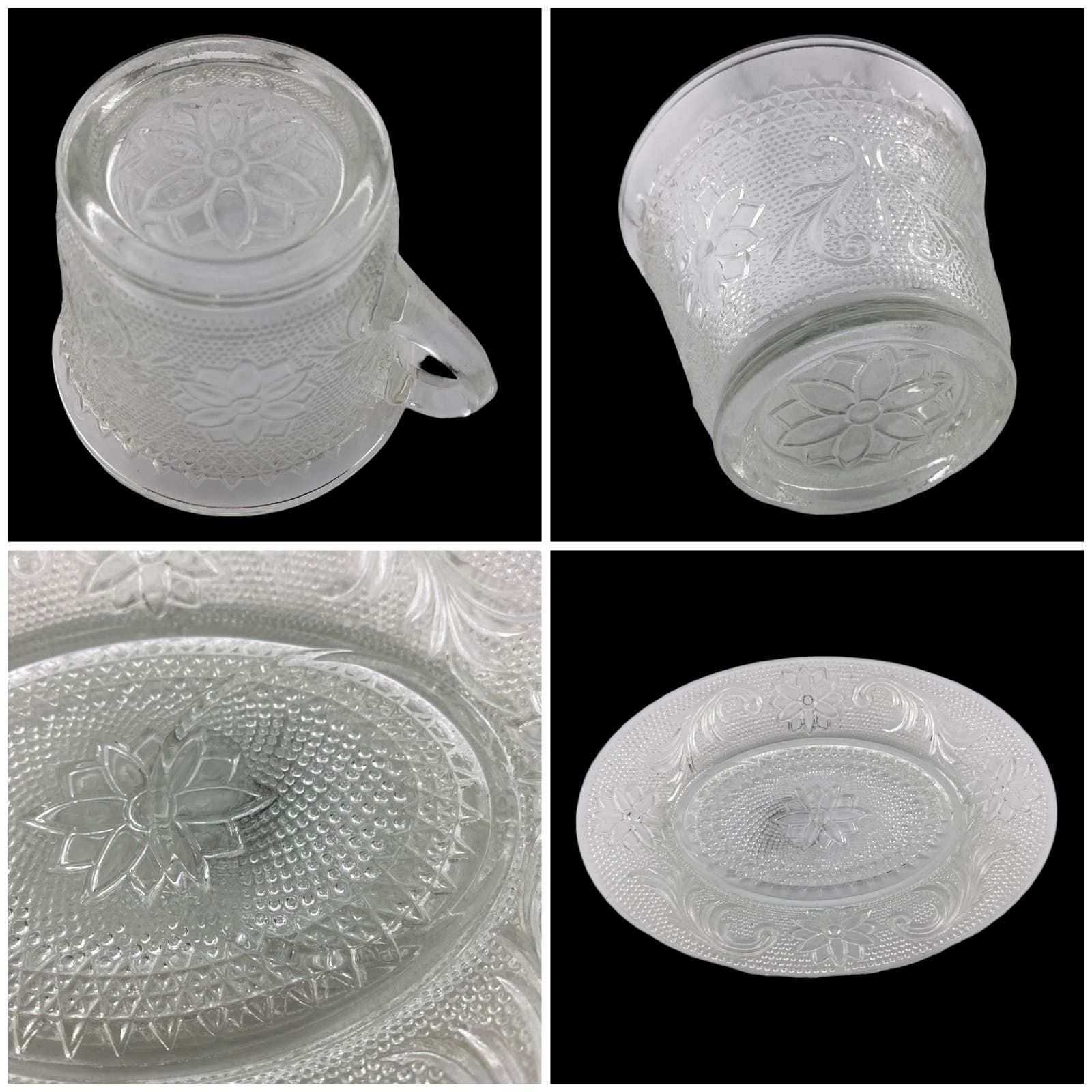 Set of 4 Vintage Indiana Glass Tiara Chantilly Oval Sandwich Snack Plate And Cup