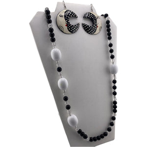 Chunky Black White Beaded Necklace Signed Monet VTG Hand Painted Moon Earrings