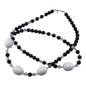 Chunky Black White Beaded Necklace Signed Monet VTG Hand Painted Moon Earrings
