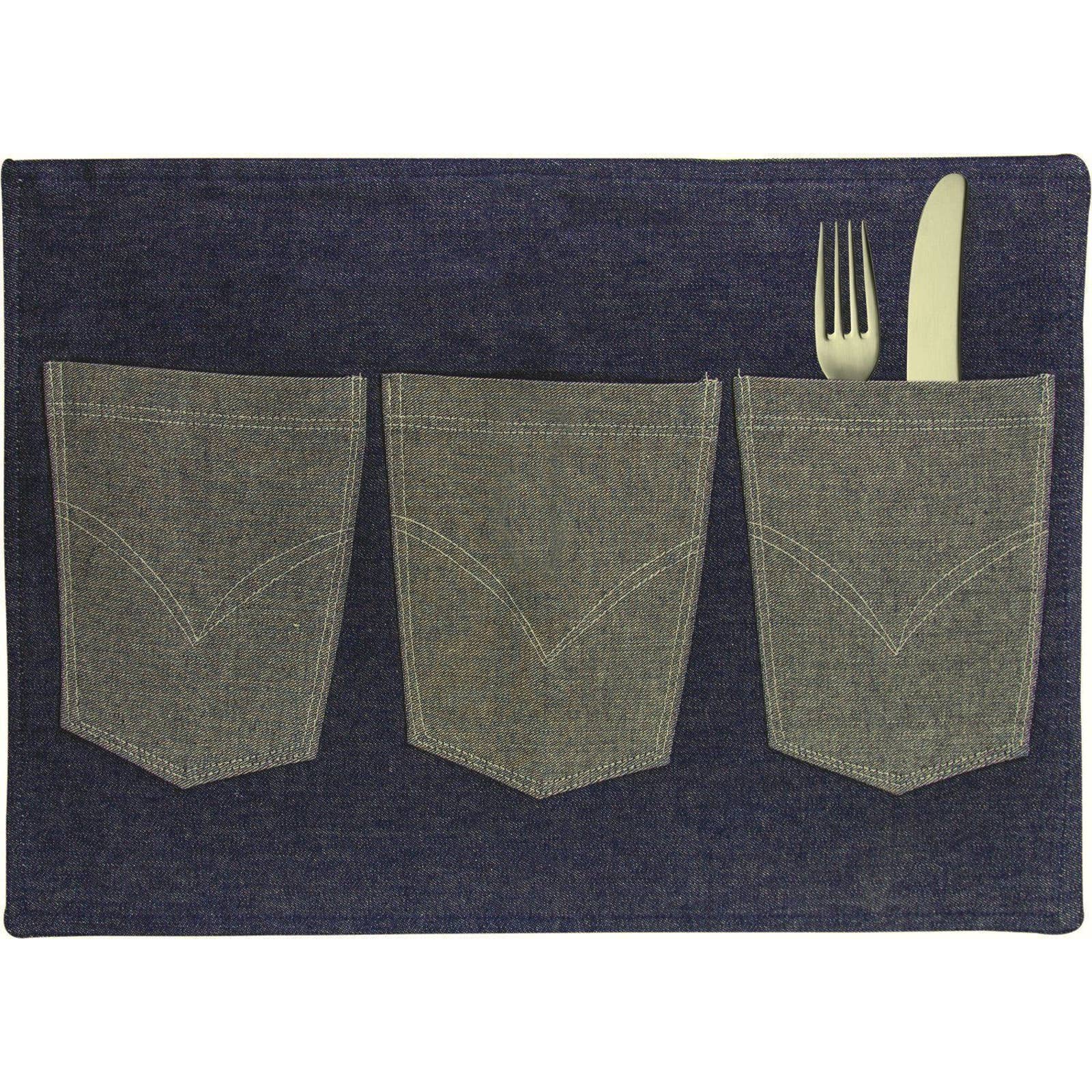 Set of 4 Blue Jean Denim Placemat with 3 Utensil Pockets Navy Cotton 18X13" NEW
