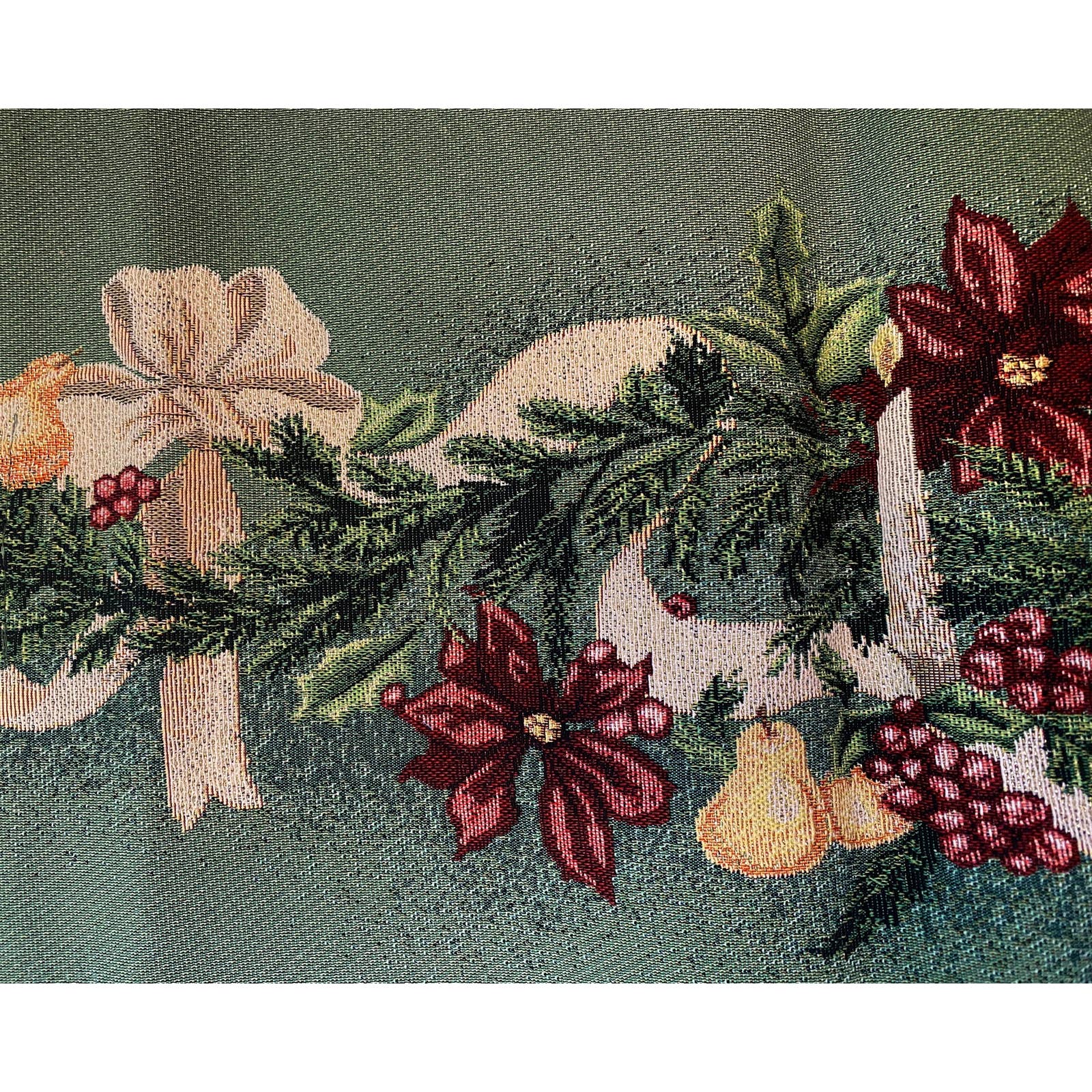 Christmas Poinsettia Table Runner Woven Tapestry Candles Bow Garland Decor NEW