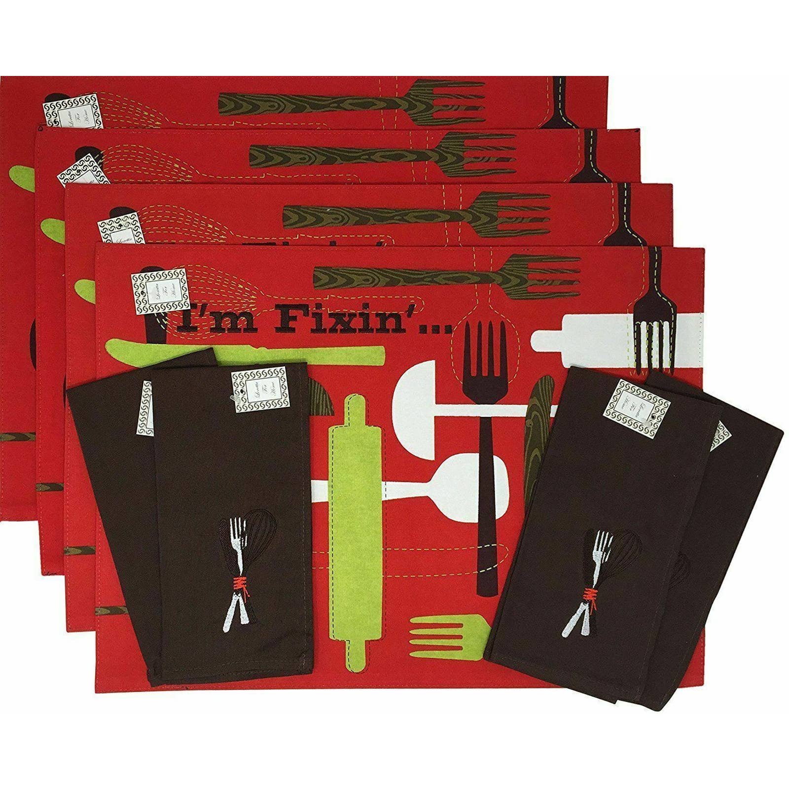Simply Southern What I'm Fixin 4 Placemat 4 Napkin Set Red Fork Spoon NEW 18x13"
