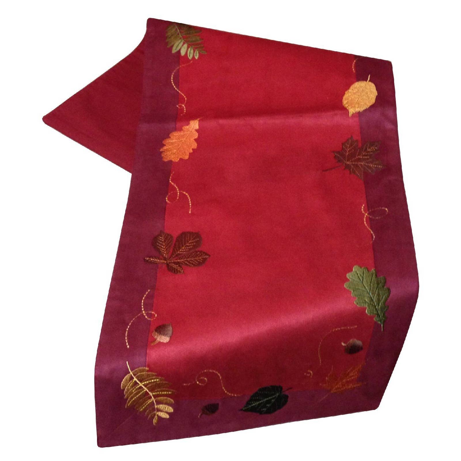 Embroidered Leaves Table Runner Autumn Harvest Microsuede Maroon Topper NEW 36"'