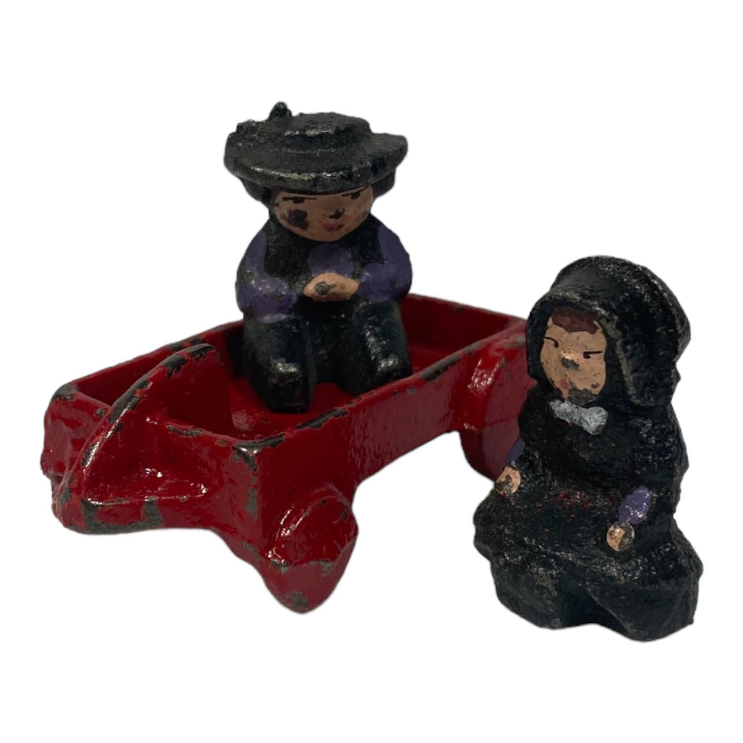 Vintage John Wright Cast Iron Amish Boy and Girl on Red Wagon 1997 Fig. A268
